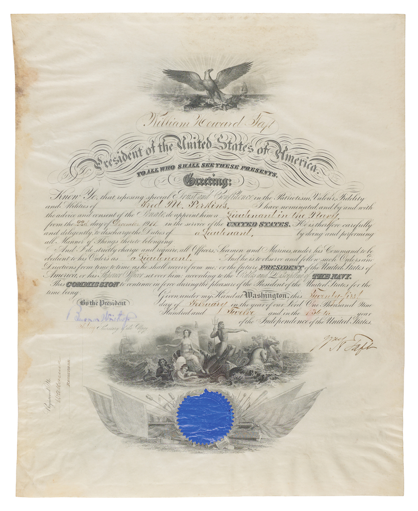 Lot 52 William H. Taft Document Signed as President, Appointing a Lieutenant in the Navy