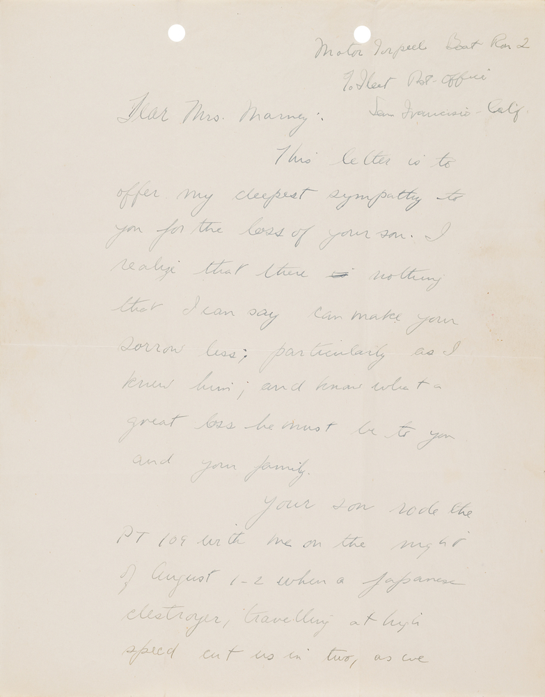 Lot 88 John F. Kennedy War-Dated Autograph Letter Signed to the Mother of PT-109 Crewman Harold Marney - “This letter is to offer my deepest sympathy to you for the loss of your son”