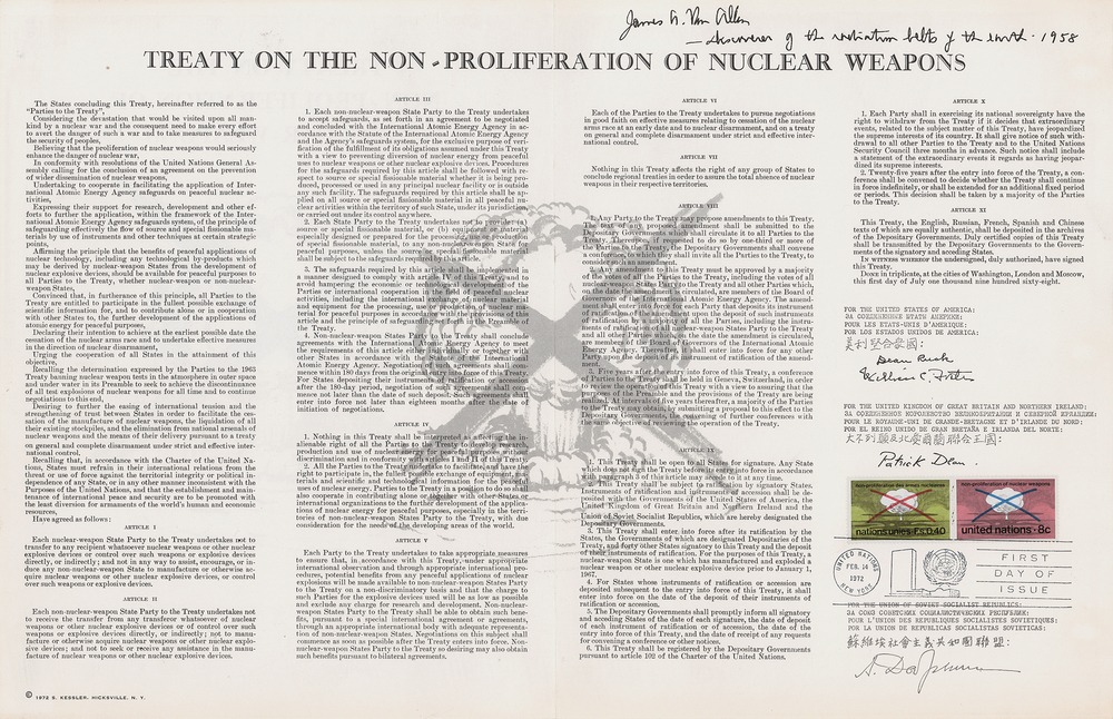 Lot 471 James Van Allen Signed Philatelic Souvenir Booklet - 'Treaty on the Non-Proliferation of Nuclear Weapons'