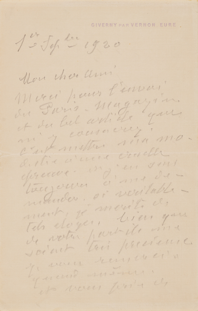 Lot 509 Claude Monet Autograph Letter Signed on a Glowing Article About His Art - “I am still asking myself if I really deserve such praise”