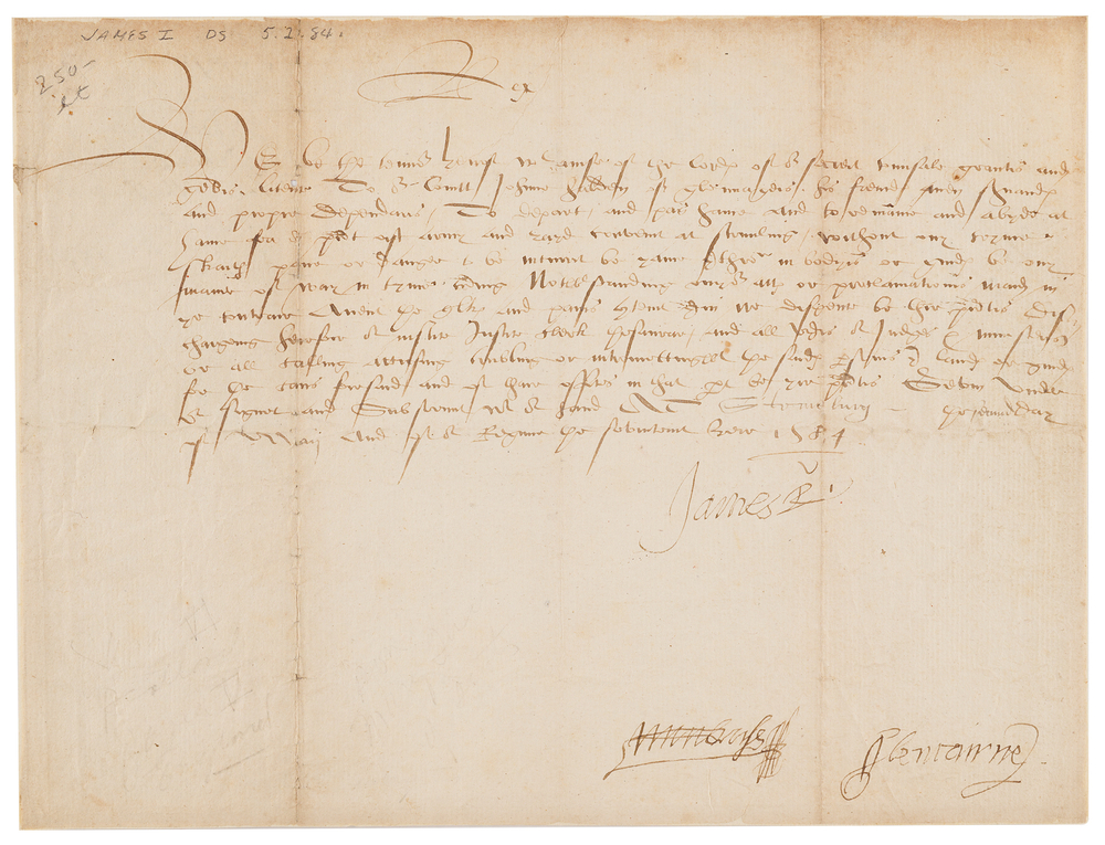 Lot 350 King James I Document Signed as King of Scotland, Granting Leave From the Army at Stirling (1584)