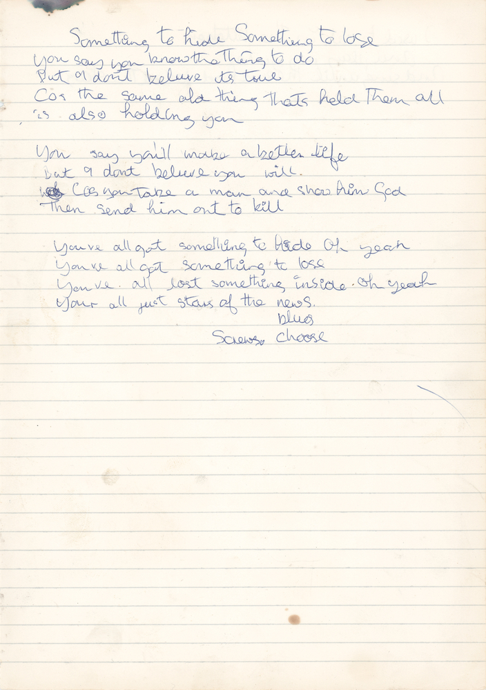 Lot 616 Badfinger: Pete Ham Original Handwritten Lyrics for 'Something to Hide'