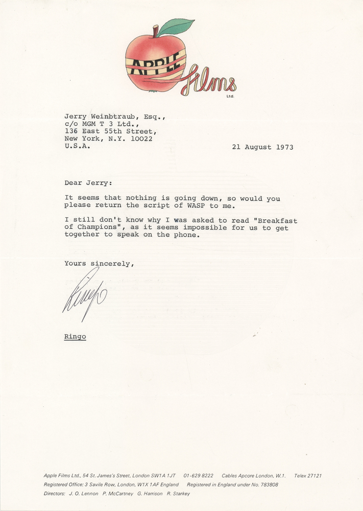 Lot 627 Beatles: Ringo Starr Typed Letter Signed on Unrealized ‘WASP’ Film Project and ‘Breakfast of Champions’ (1973)