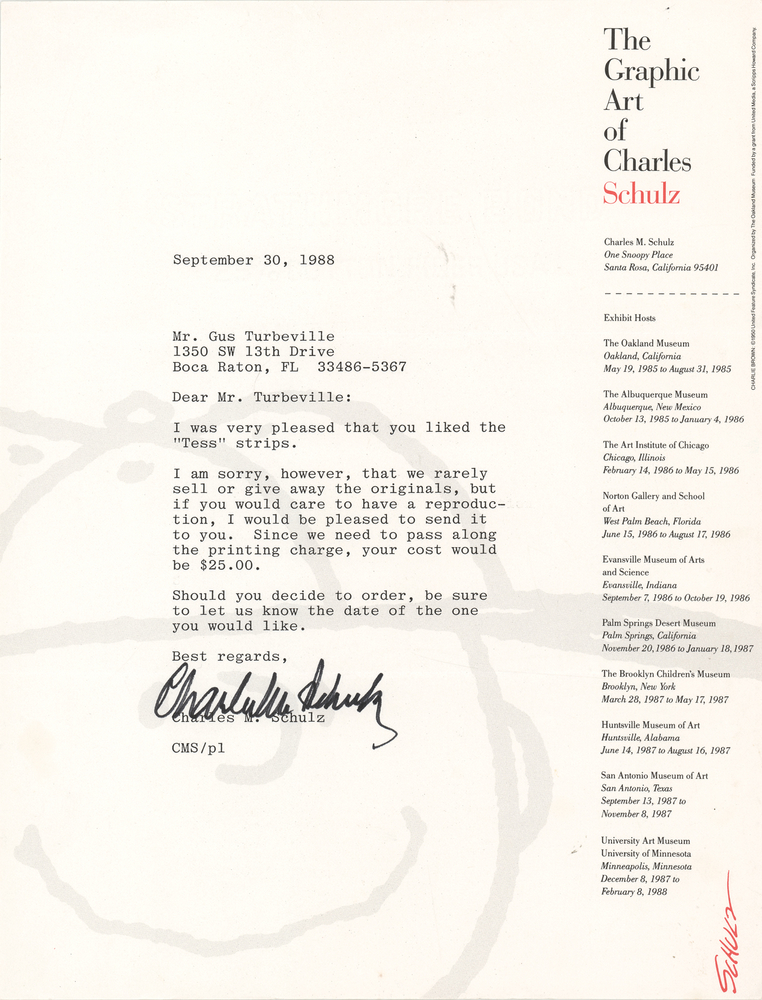 Lot 538 Charles Schulz Typed Letter Signed on the 1988 Peanuts “Tess” Strips