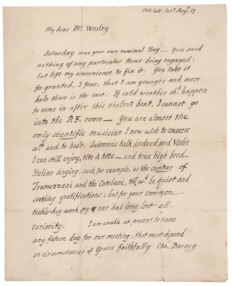 Lot 591 Charles Burney Autograph Letter Signed to Samuel Wesley on Music and His Failing Health