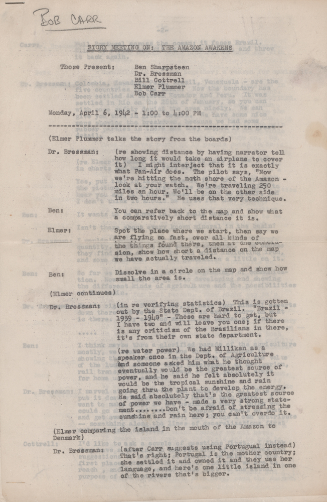 Lot 522 Walt Disney Studios: Internal Notes on a Story Meeting for the Development of The Amazon Awakens