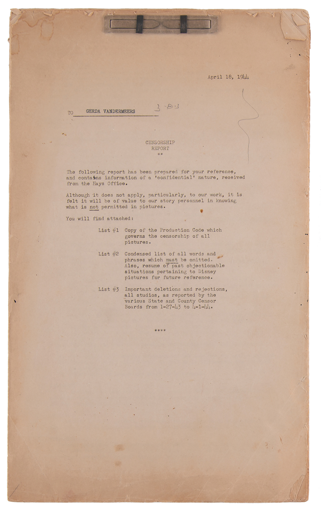 Lot 521 Walt Disney Studios: Hays Office Censorship Report (1944)