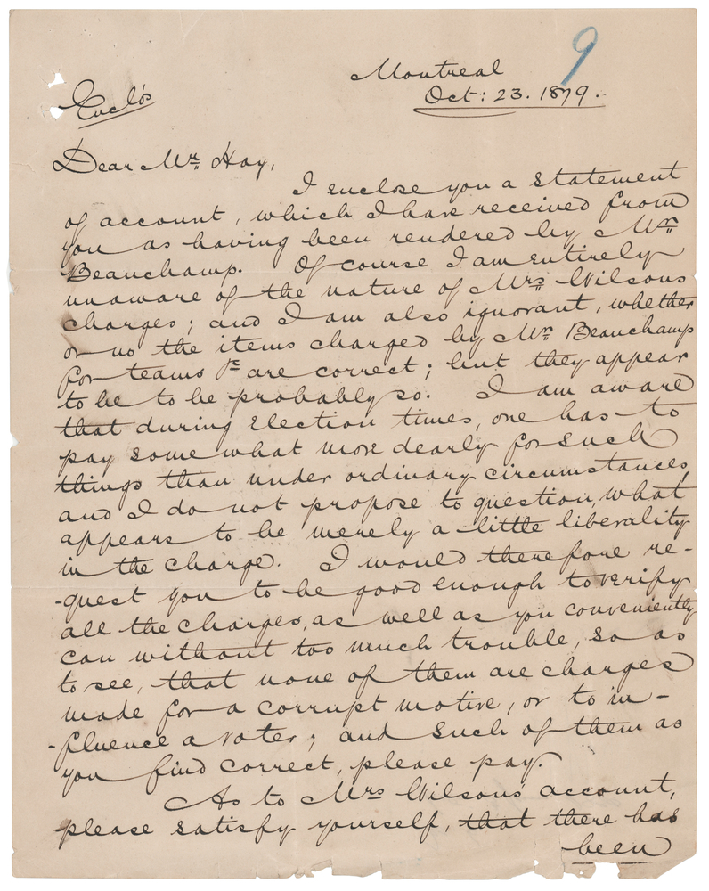 Lot 333 John Abbott Letter Signed on Election Expenses - “Preferring to lose the election” Rather Than Engage in “corrupt practices”