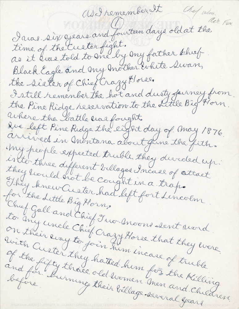 Lot 411 Chief Red Fox Autograph Manuscript Signed - Native American Account of the Battle of the Little Bighorn and Custer's Last Stand: 