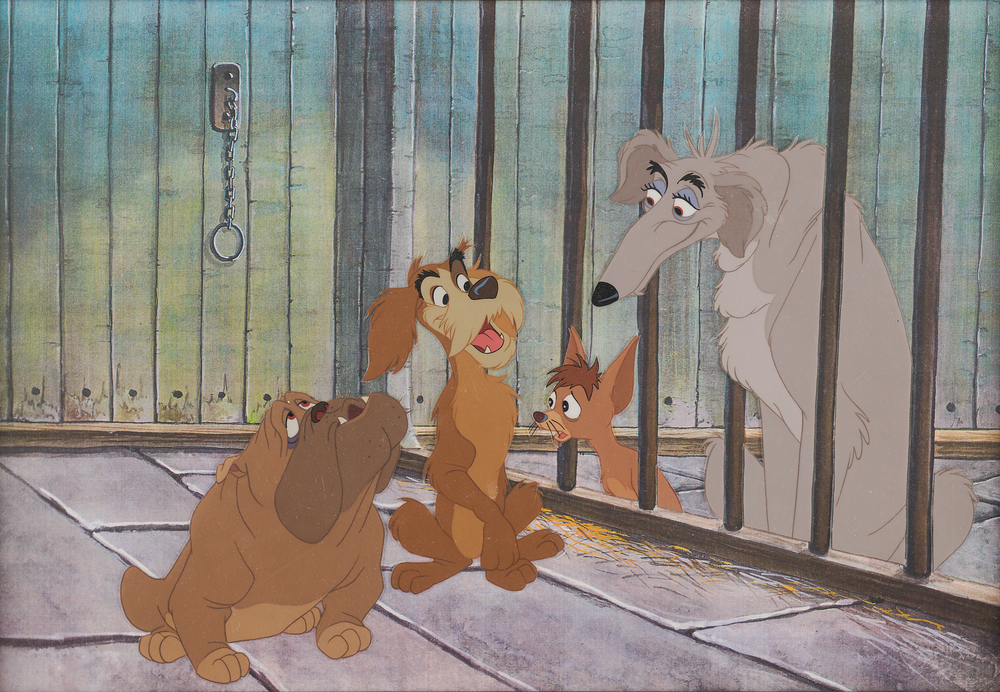 Lot 527 Pound Dogs (Bull, Toughy, Pedro, and Boris) production cels from Lady and the Tramp