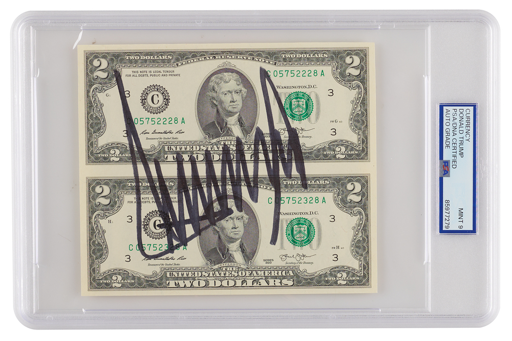 Lot 234 Donald Trump Signed Uncut $2 Dollar Bills - PSA MINT 9