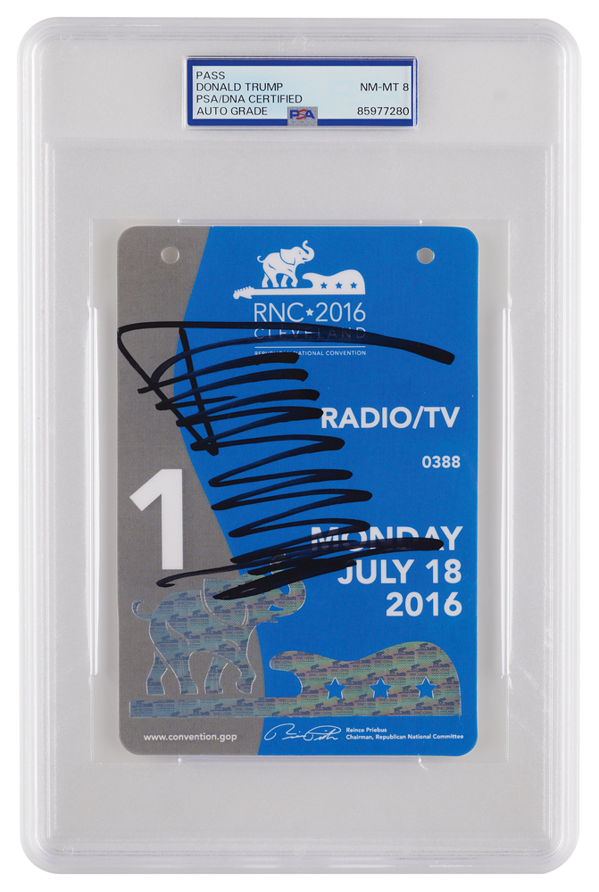 Lot 248 Donald Trump Signed 2016 Republican National Convention Pass - PSA NM-MT 8