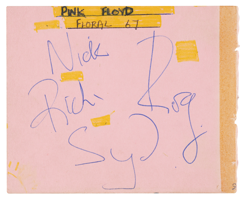 Lot 670 Pink Floyd Original Lineup Signatures with Syd Barrett - Obtained at the Floral Hall in Gorleston-on-Sea (July 19, 1967)