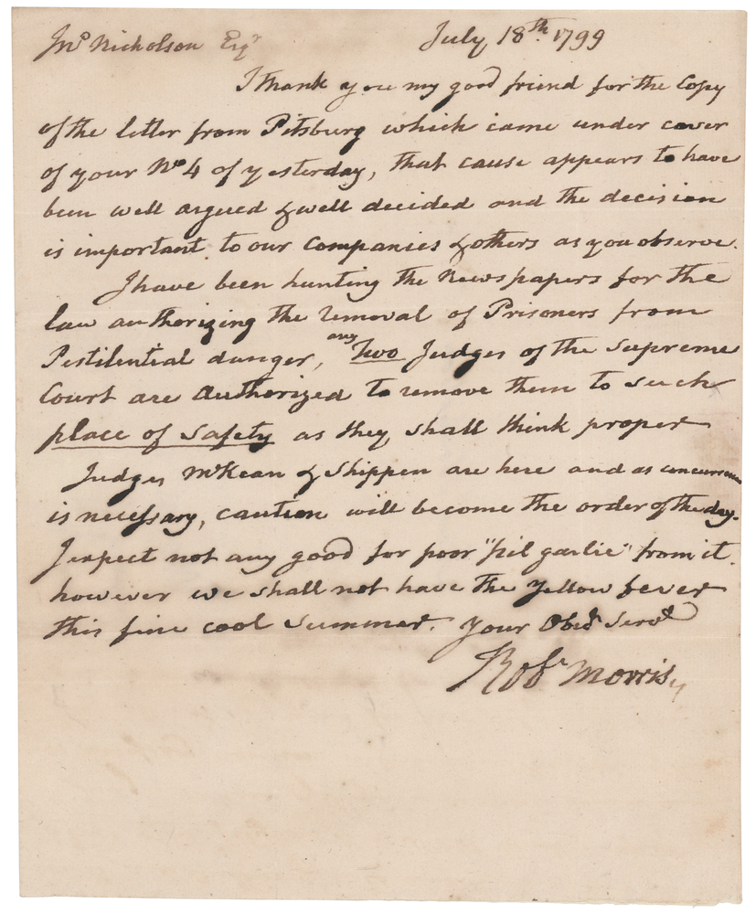 Lot 279 Robert Morris Autograph Letter Signed from Debtors’ Prison on the “Removal of Prisoners from Pestilential danger”