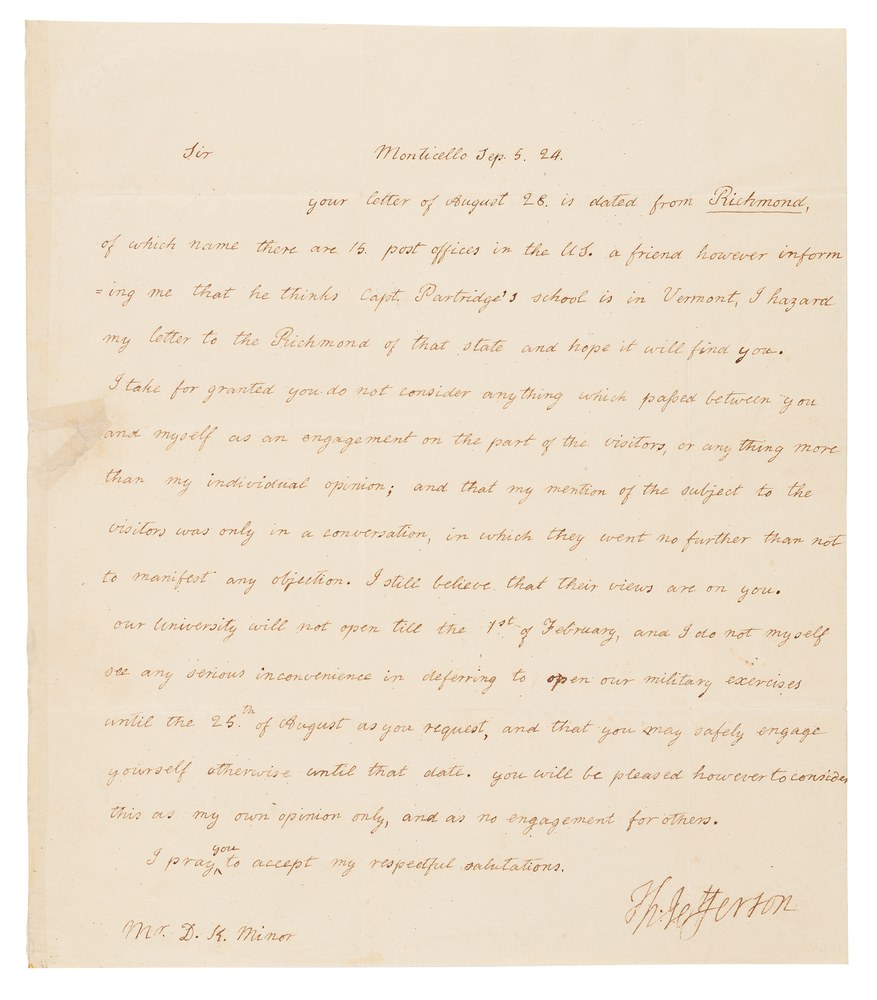 Lot 4 Thomas Jefferson Autograph Letter Signed on Military Instruction at the University of Virginia