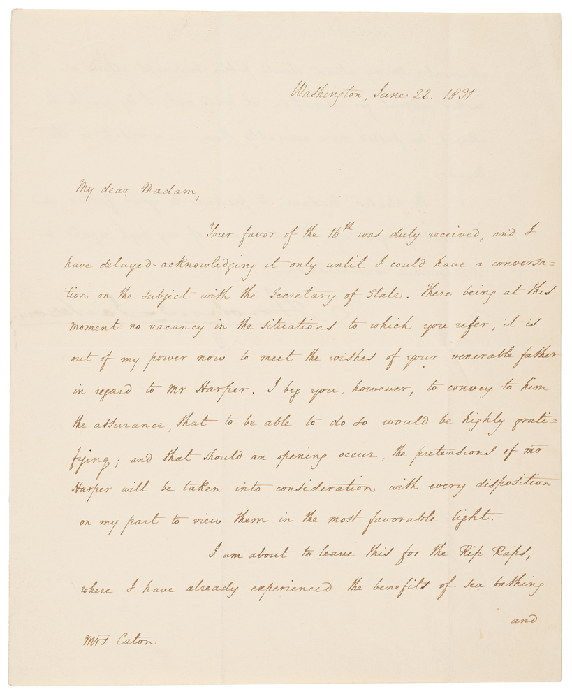 Lot 12 Andrew Jackson Letter Signed as President on a Government Appointment Sought by Declaration Signer Charles Carroll
