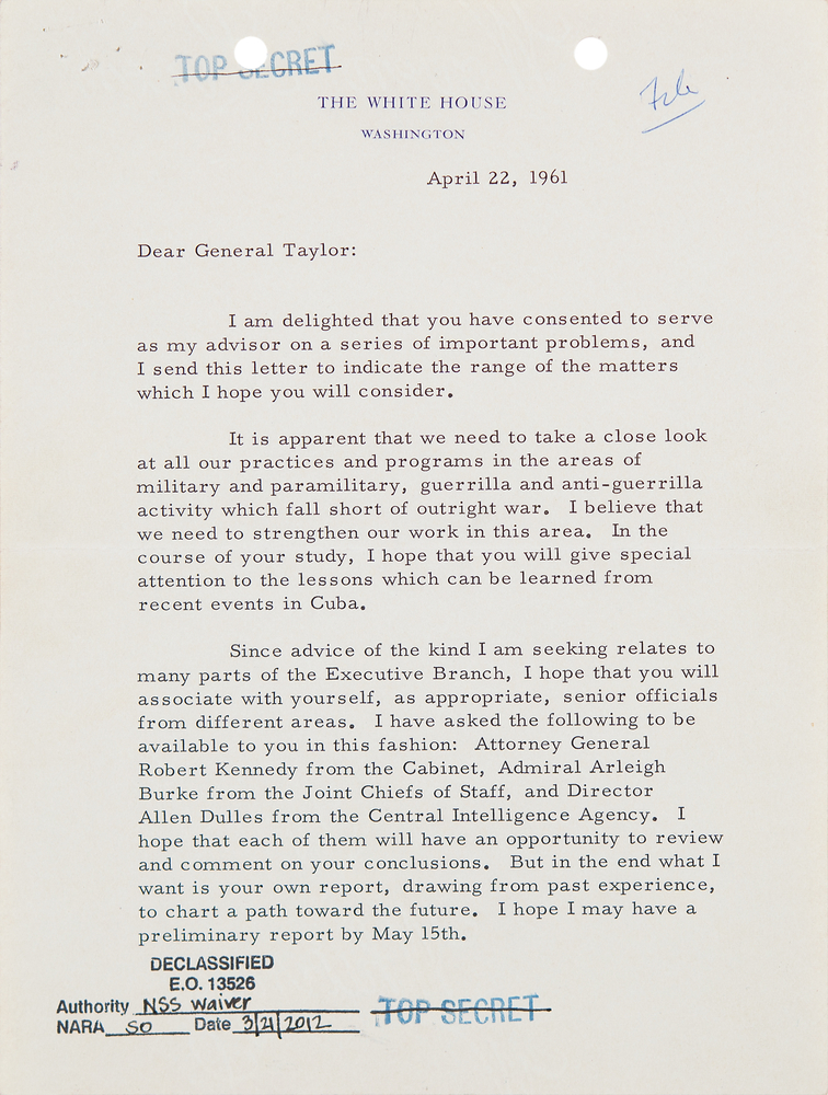 Lot 90 John F. Kennedy ‘Top Secret’ Typed Letter Signed as President - Sent to General Maxwell Taylor to Establish the Cuba Study Group After the Bay of Pigs Invasion