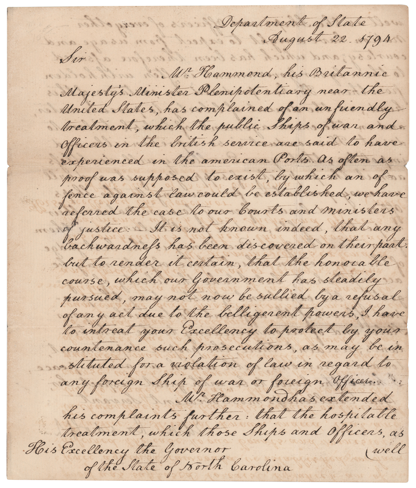 Lot 331 Edmund Randolph Letter Signed as Secretary of State on British Naval Rights and American Neutrality - “This conduct is so reprehensible and impolitic”
