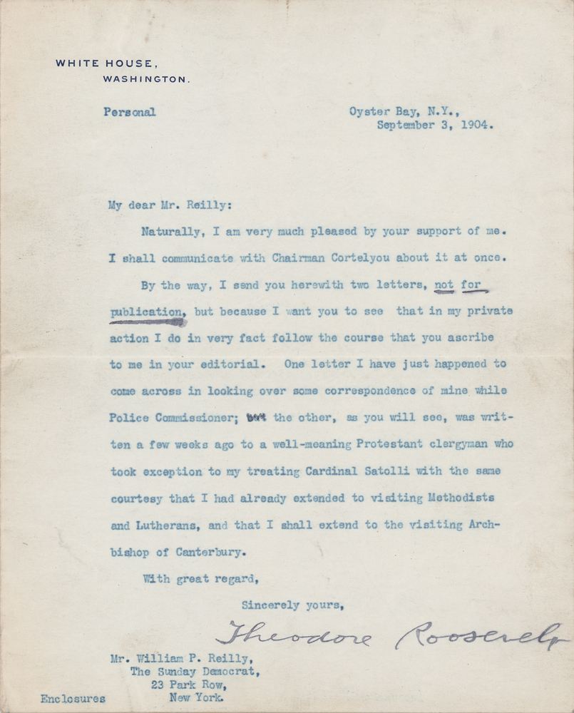 Lot 49 Theodore Roosevelt Typed Letter Signed as President on Religious Tolerance - Defending His Equal Treatment of Catholics and Protestants