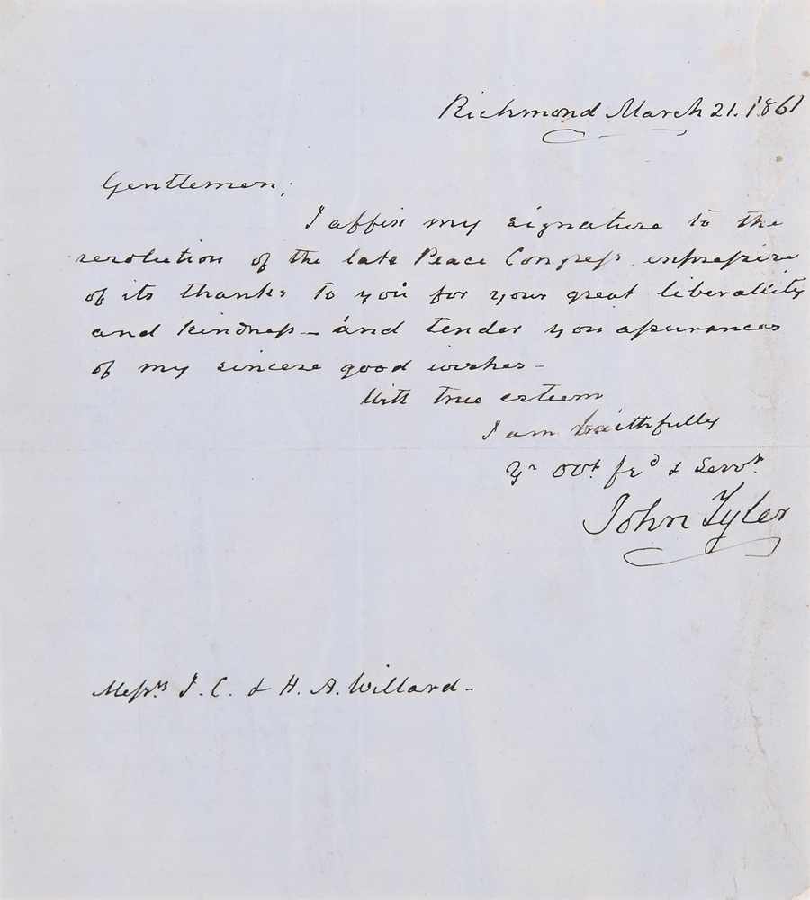 Lot 16 John Tyler Autograph Letter Signed on the 1861 Peace Conference - Thanking the Willards for Hosting the Failed Effort to Preserve the Union