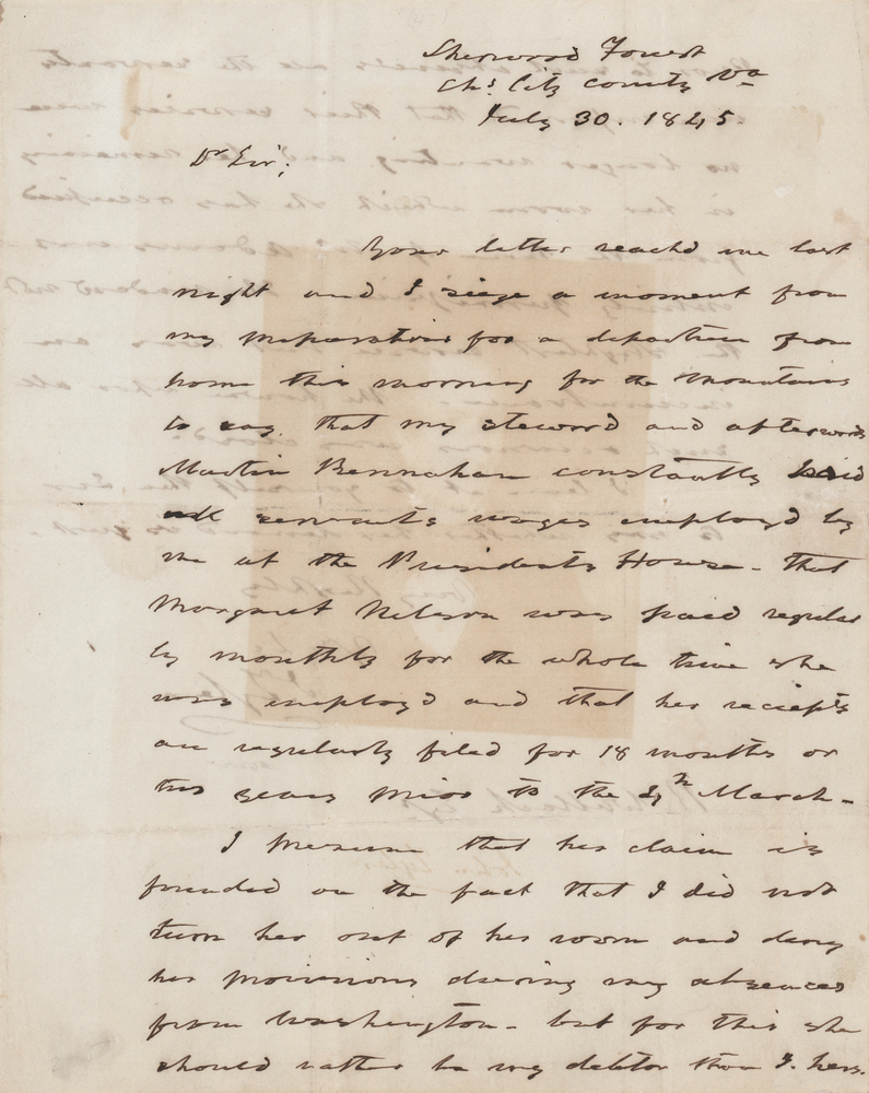 Lot 17 John Tyler Autograph Letter Signed on a White House Wage Claim - “She rendered not the slightest service but was an incumbrance”