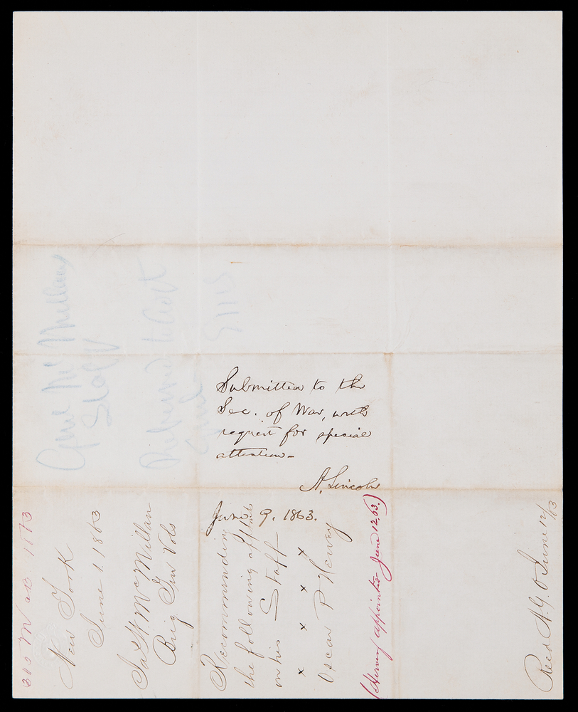 Lot 28 Abraham Lincoln Autograph Endorsement Signed as President - “Submitted to the Sec. of War, with request for special attention” (June 9, 1863, dated to the Battle of Brandy Station)