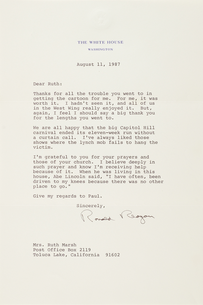 Lot 214 Ronald Reagan Typed Letter Signed as President on the Iran-Contra Hearings, Abraham Lincoln, and His Reliance on God