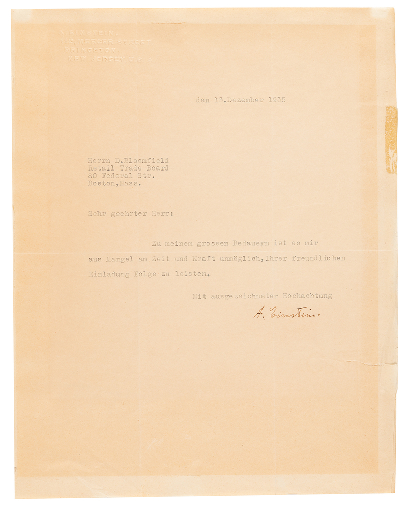 Lot 395 Albert Einstein Typed Letter Signed and First English Edition of Relativity: The Special and the General Theory