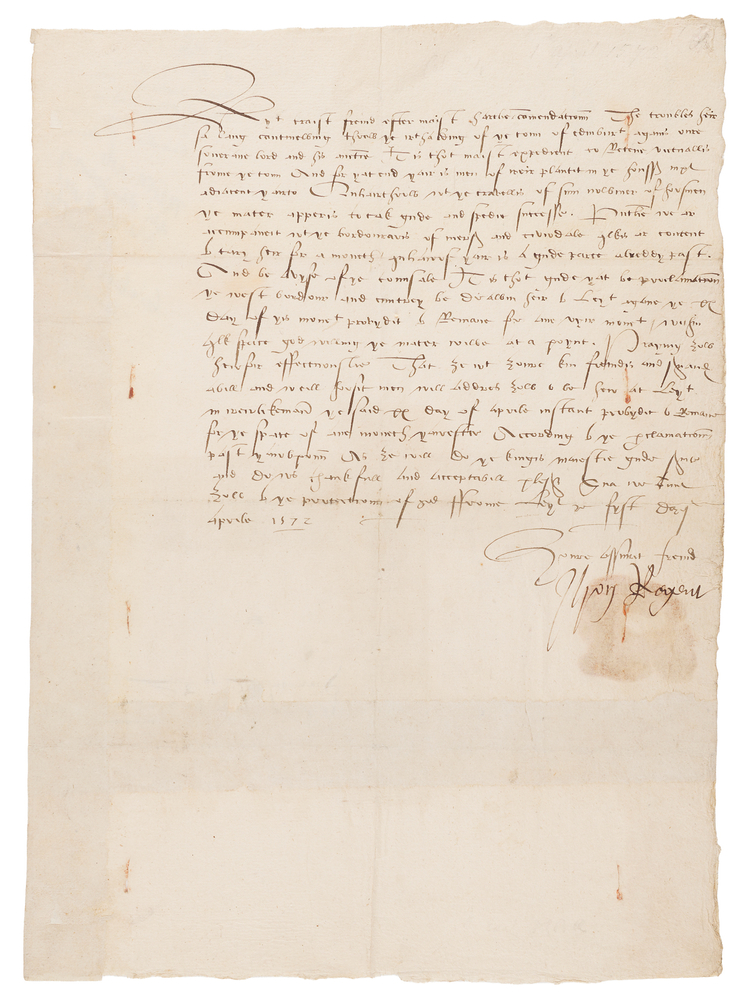 Lot 357 Mary, Queen of Scots: John Erskine, Earl of Mar Letter Signed as Regent of Scotland - Seeking Military Support Against Mary, Queen of Scots (1572)