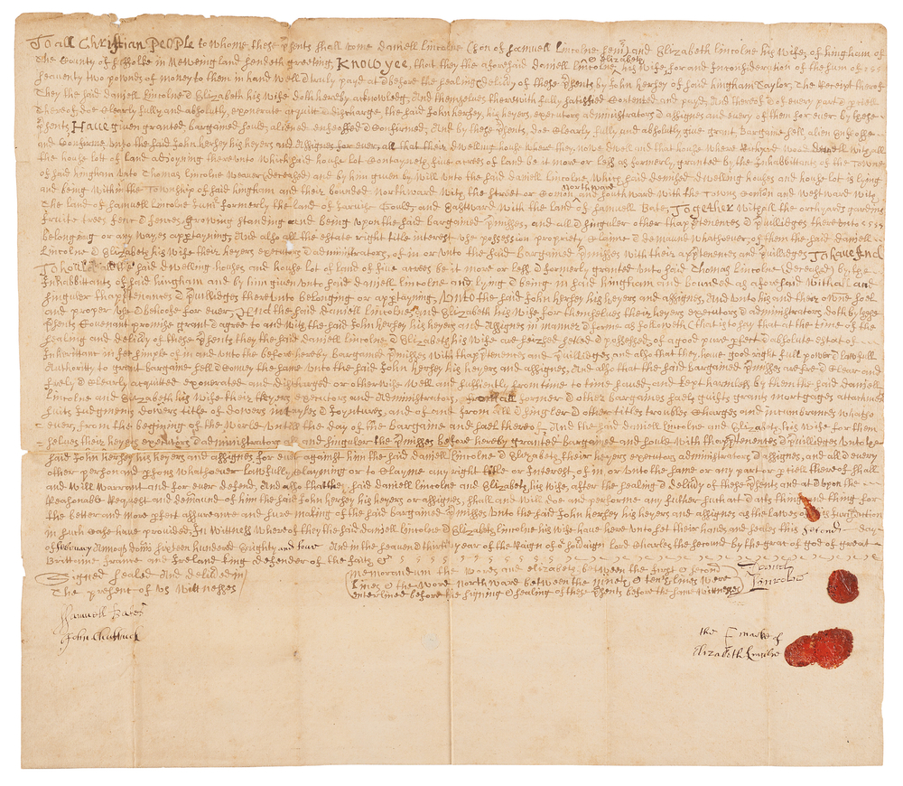 Lot 29 Abraham Lincoln: Daniel Lincoln 1684 Hingham Land Deed Signed by the President's Third Great-Uncle