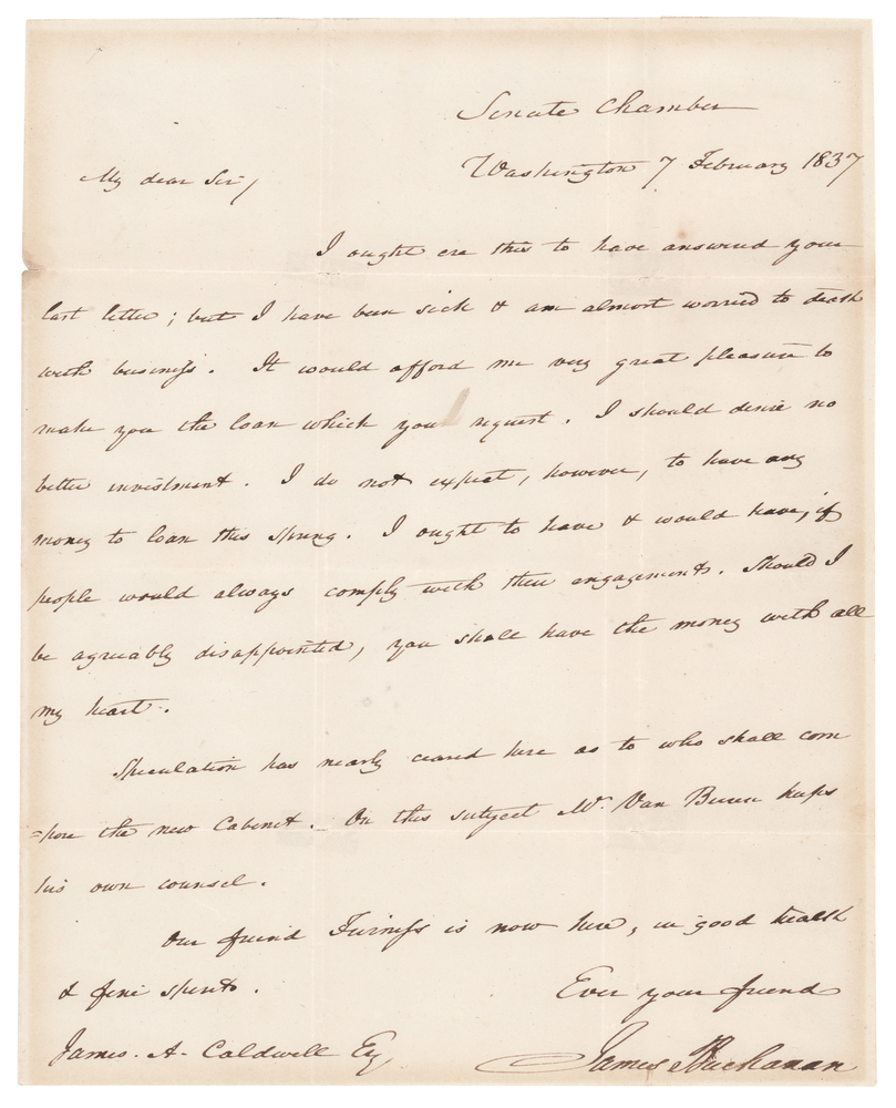 Lot 25 James Buchanan Autograph Letter Signed on Martin Van Buren’s Incoming Cabinet