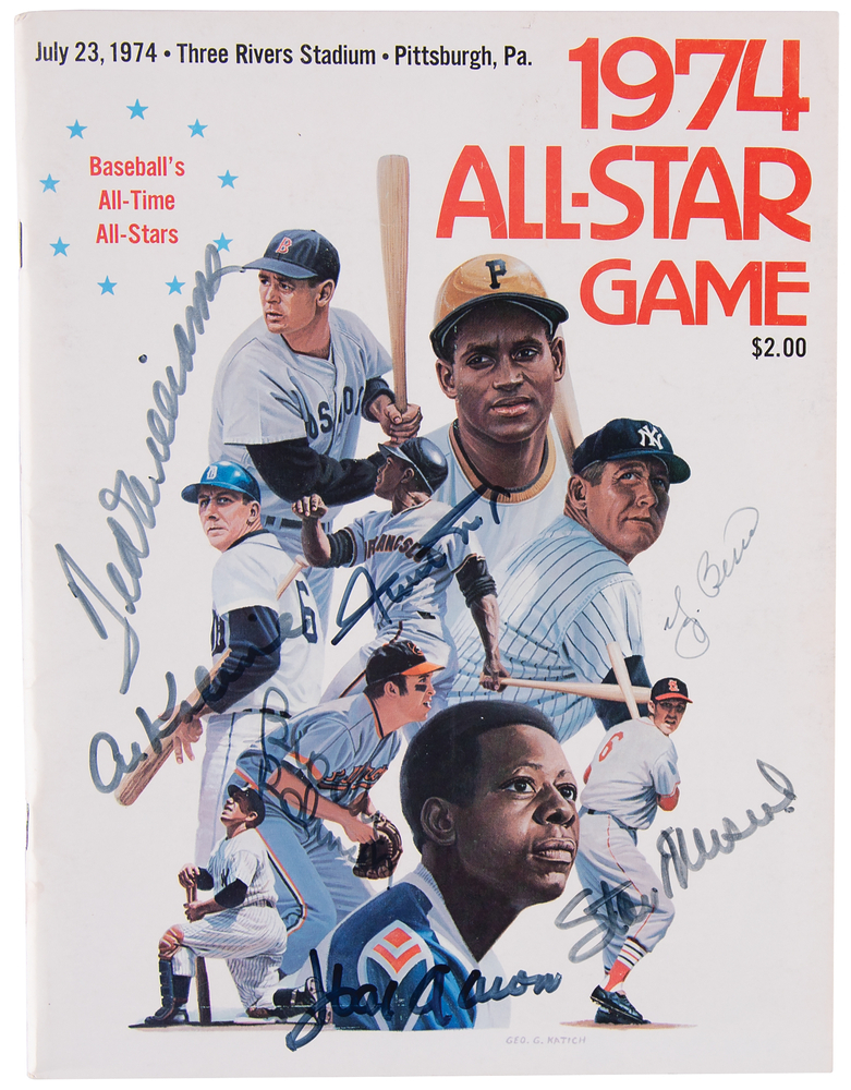Lot 807 Baseball Hall of Famers Signed 1974 All-Star Game Program with Ted Williams, Hank Aaron, and Willie Mays