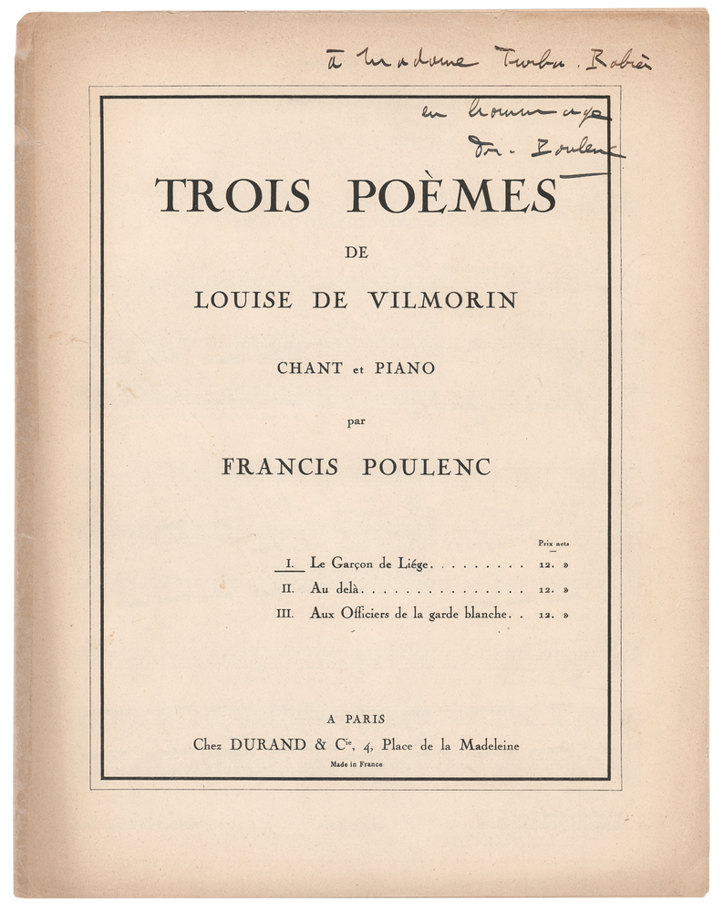 Lot 603 Francis Poulenc Signed 1938 ‘Three Poems of Louise de Vilmorin’ Sheet Music Booklet (First Edition)