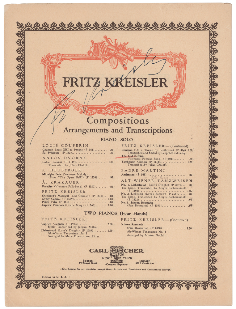 Lot 598 Fritz Kreisler Signed ‘Liebesfreud’ Piano Solo Sheet Music Booklet
