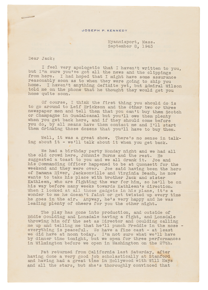 Lot 282 Joseph P. Kennedy Typed Letter Signed to His Son, John F. Kennedy, One Month after the PT-109 Incident: 