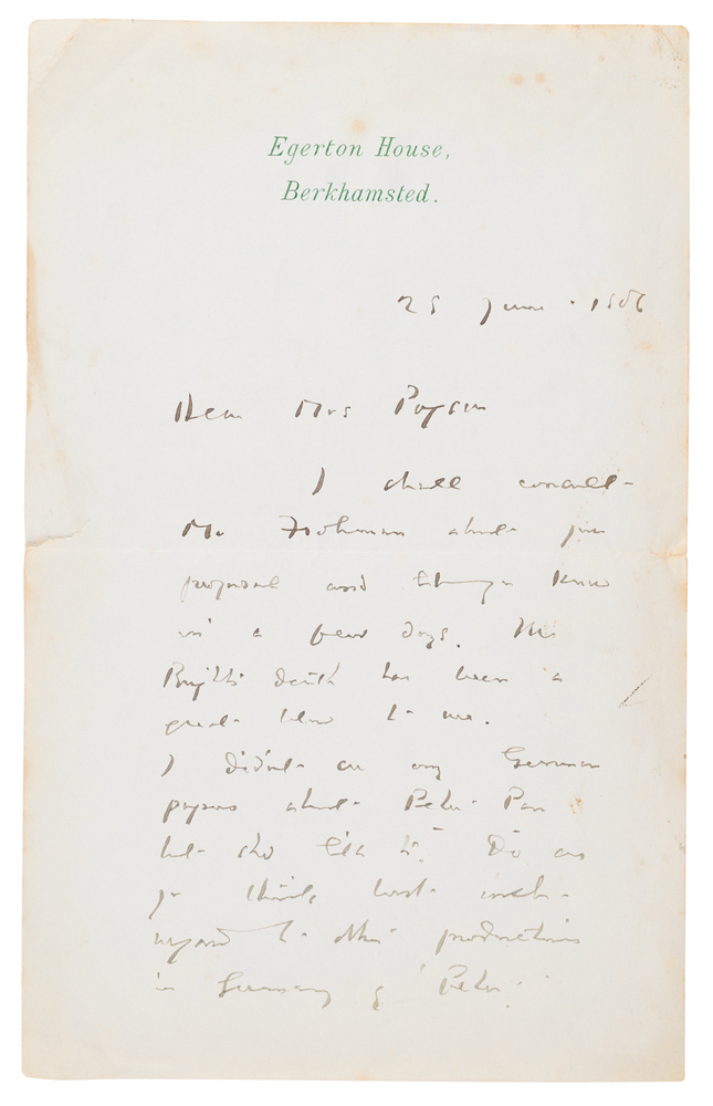 Lot 547 James M. Barrie Autograph Letter Signed on ‘Peter Pan,’ Charles Frohman, and the Death of His Close Friend and Agent
