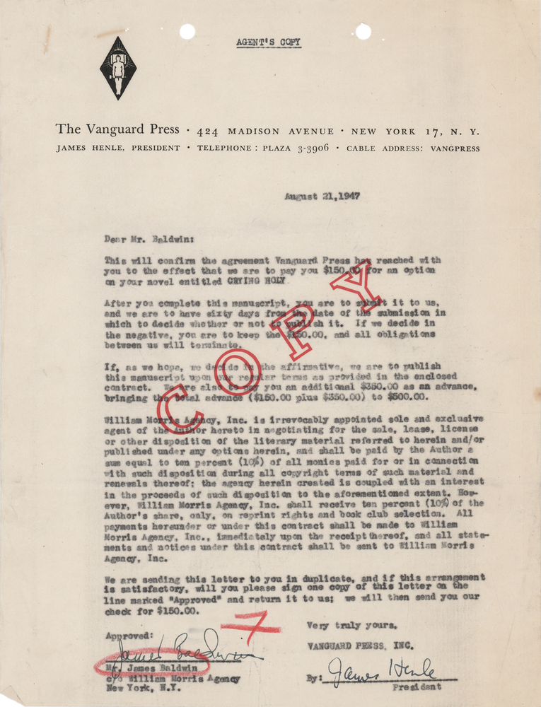 Lot 546 James Baldwin Document Signed - Agent's Copy of His Vanguard Press Contract for Crying Holy, the Working Title for Go Tell It on the Mountain
