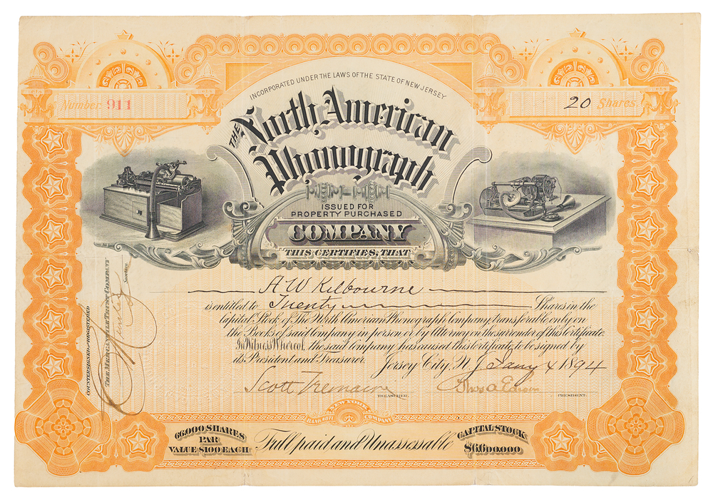 Lot 388 Thomas Edison Rare Signed North American Phonograph Company Stock Certificate (1894)