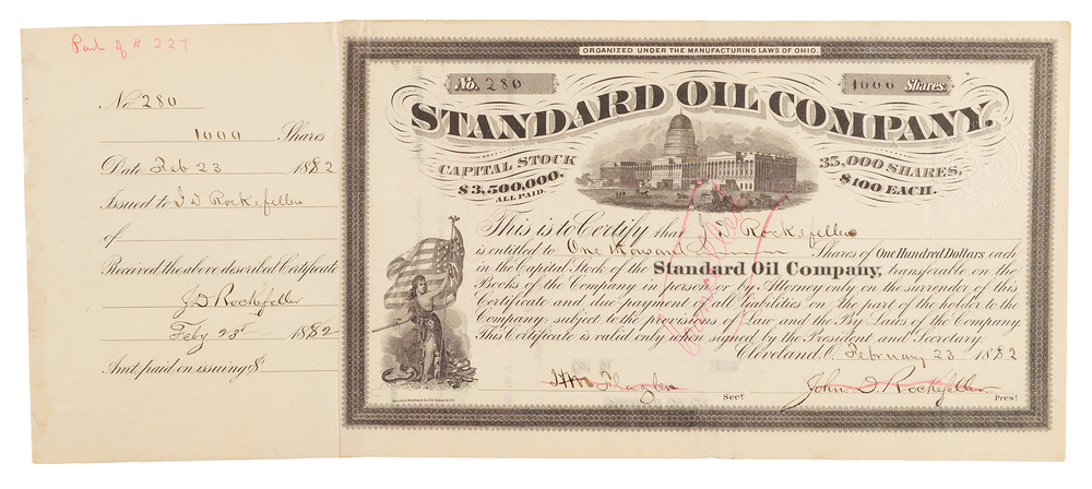 Lot 384 John D. Rockefeller Thrice-Signed 1882 Standard Oil Stock Certificate Documenting Conversion into the Standard Oil Trust