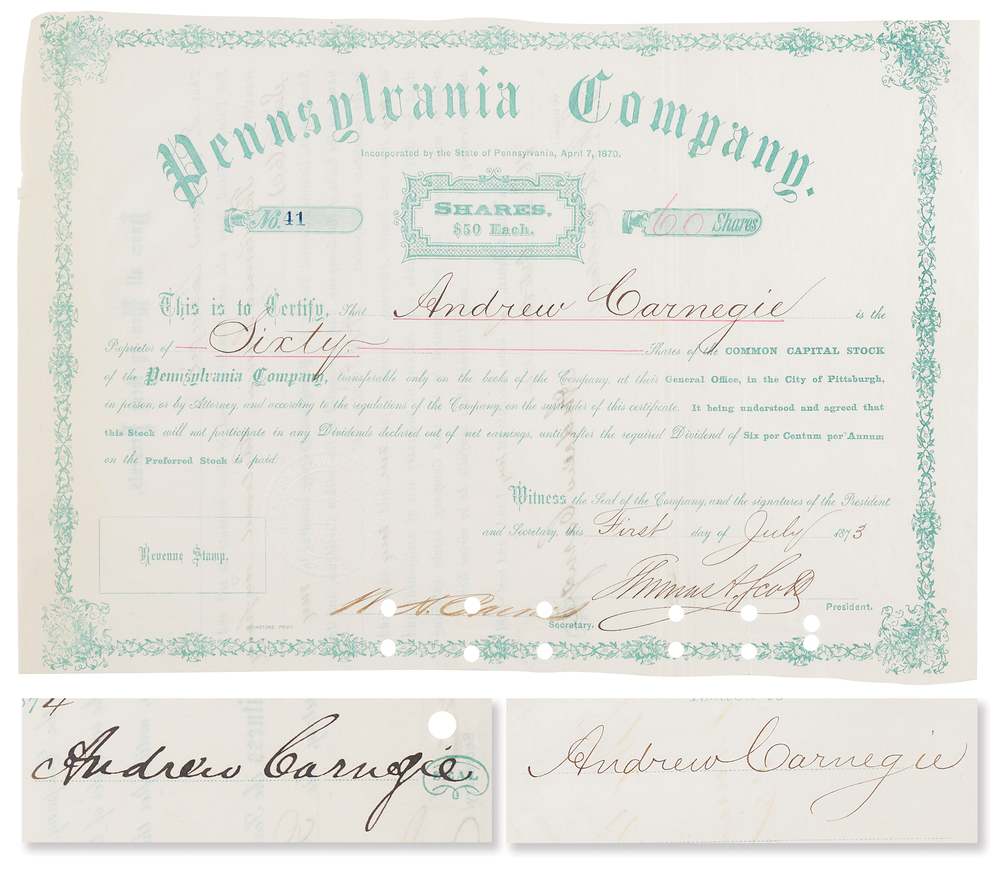 Lot 378 Andrew Carnegie and Thomas A. Scott Signed 1873 Pennsylvania Company Stock Certificate