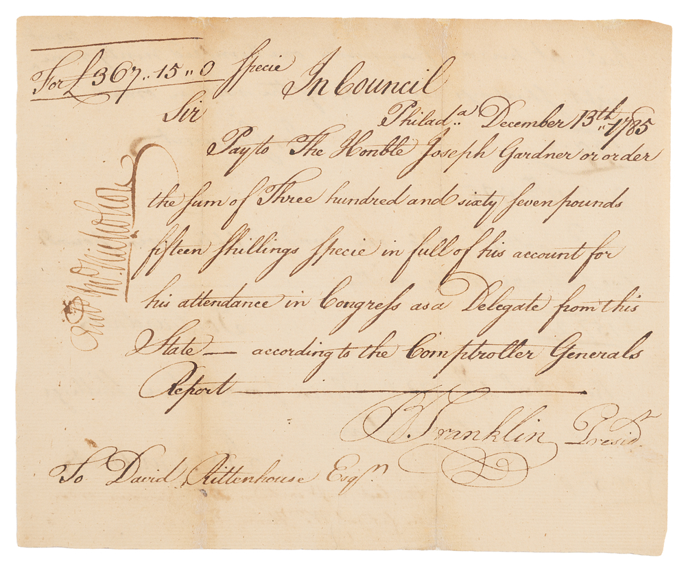 Lot 276 Benjamin Franklin Signed 1785 Pennsylvania Pay Order for Continental Congress Delegate Joseph Gardner