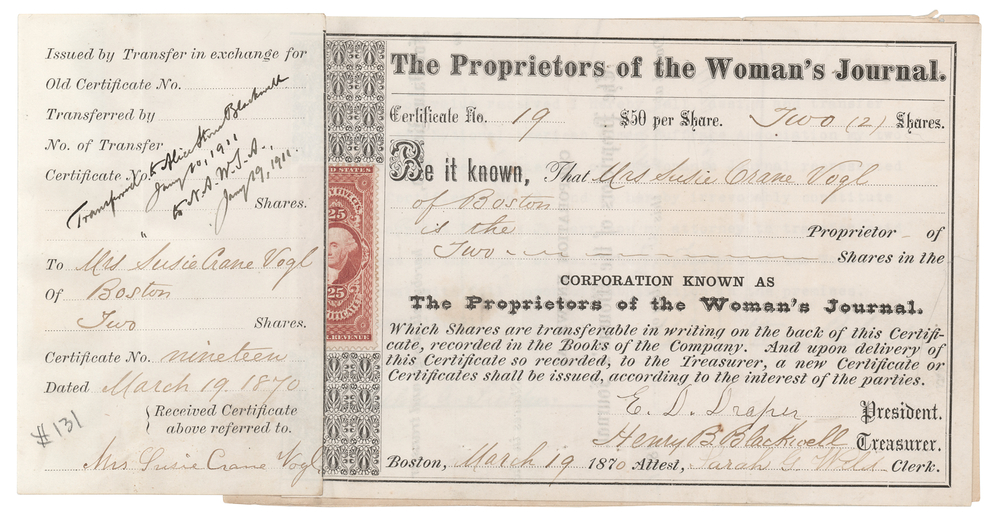 Lot 369 Alice Stone and Henry Browne Blackwell Signed Woman’s Journal Stock Certificate (1870)