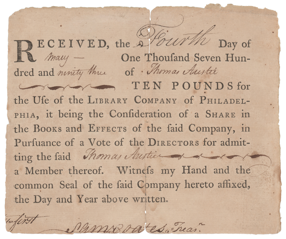 Lot 379 Samuel Coates Signed Library Company of Philadelphia Membership Receipt (1793)