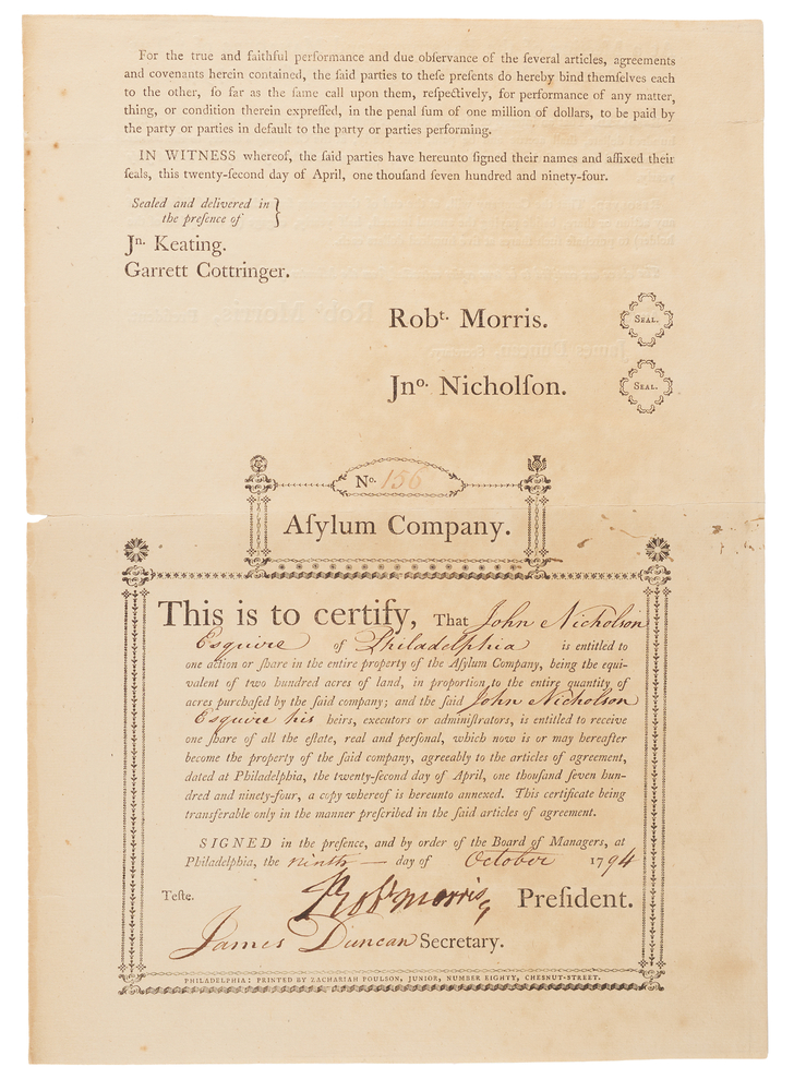 Lot 278 Robert Morris Signed Asylum Company Stock Certificate Issued to John Nicholson (1794)
