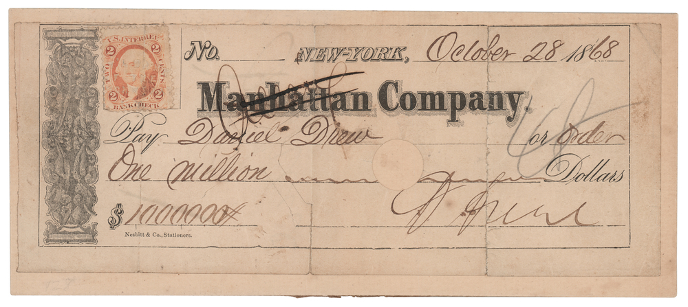 Lot 380 Daniel Drew Signed Check for $1,000,000 at the Height of the Erie Railway Wars (1868)