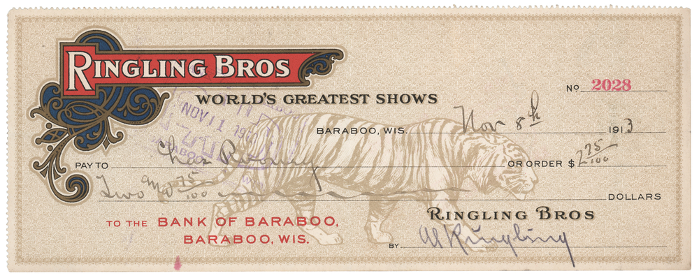 Lot 383 Al Ringling Signed 'Ringling Bros, World's Greatest Shows' Check