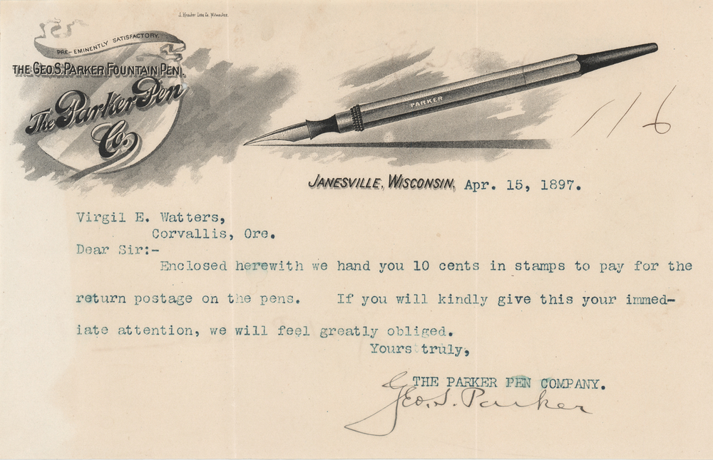 Lot 382 George S. Parker Typed Letter Signed with Illustrated 'Parker Pen Company' Letterhead
