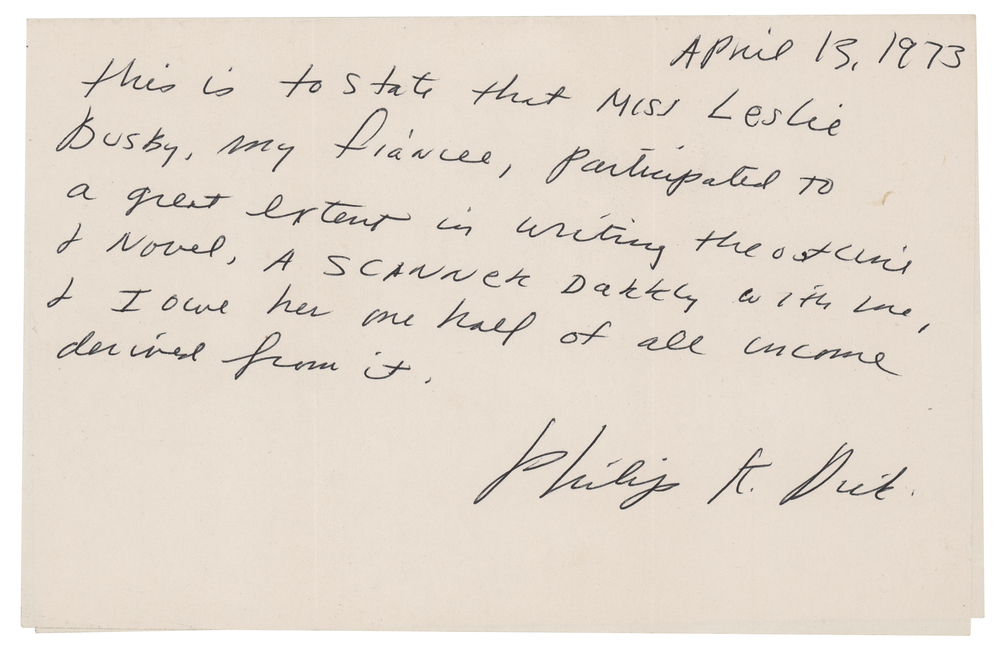 Lot 552 Philip K. Dick Autograph Document Signed on the Co-Authorship of A Scanner Darkly