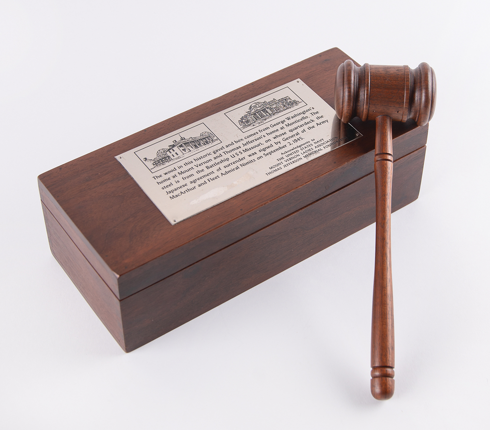 Lot 3 George Washington and Thomas Jefferson: Mount Vernon, Monticello, and USS Missouri Relic Gavel and Presentation Box