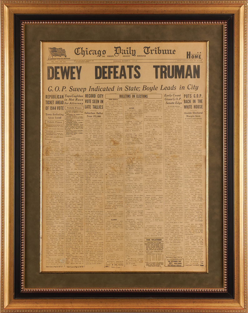 Lot 65 Harry S. Truman: 'Dewey Defeats Truman' Chicago Tribune Newspaper - An Iconic Front Page